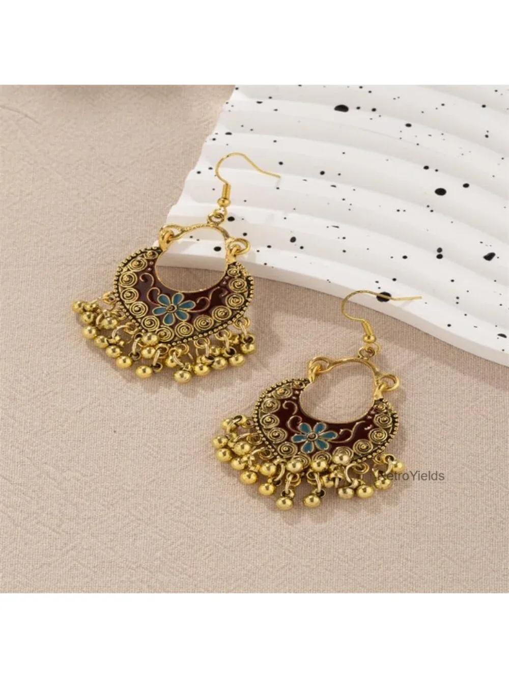 Vintage Boho Drop Dangle Earrings, Plated Base Metal, Wood Bead, Handmade